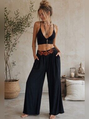 Vintage Carole Little Palazzo Pants Size L Black Flowy Embroidered Boho